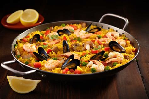  Paella Valenciana! A Symphony of Saffron-Infused Seafood and Aromatic Vegetables Cooked over an Open Fire.